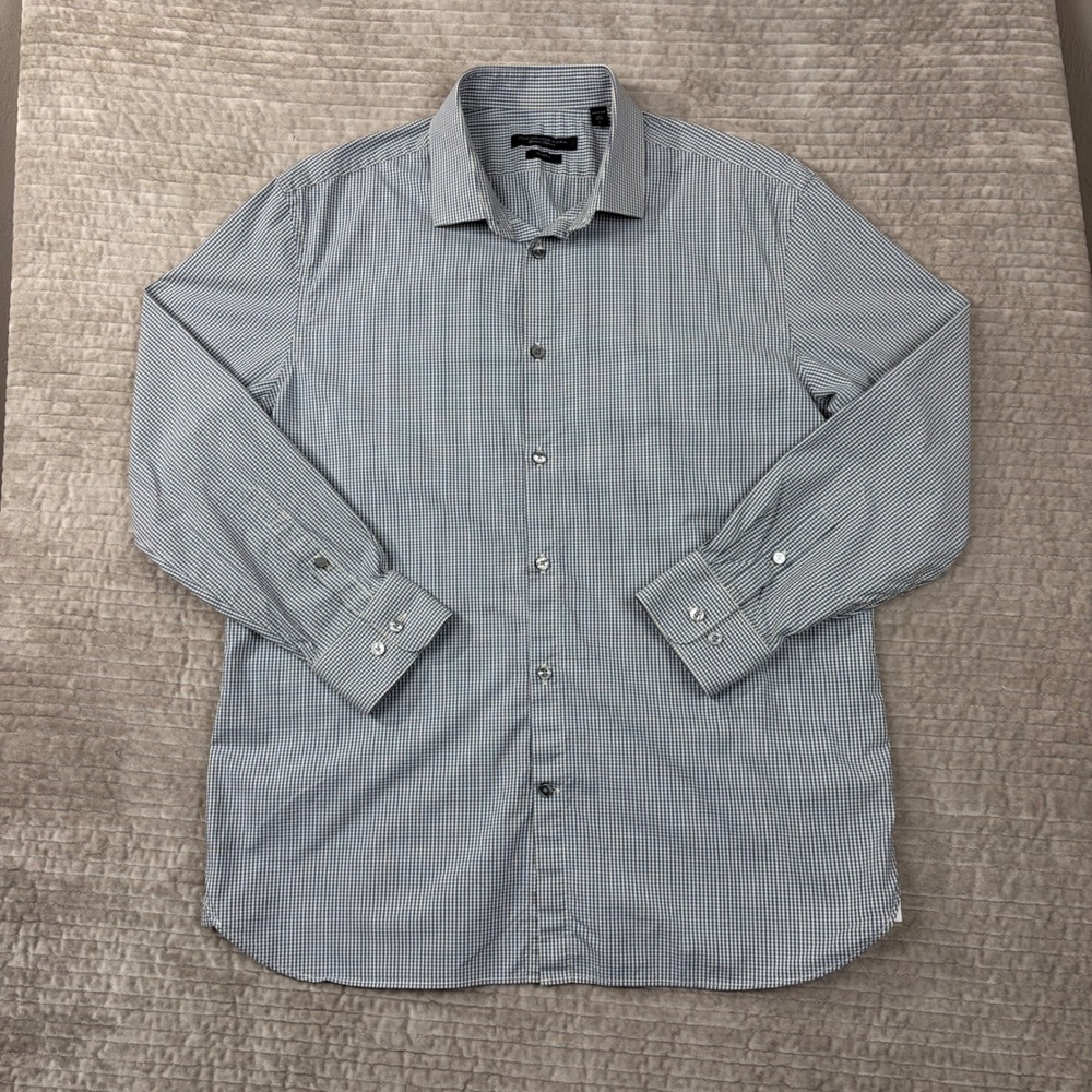 John Varvatos USA Slim Fit Gingham Button Down Shirt Blue White 16.5 32/33 L